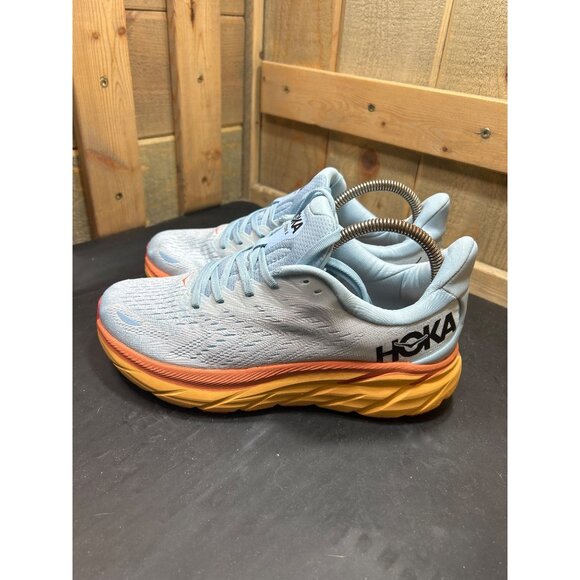 Hoka Clifton 8 Running Shoes Size 7D Light Blue Orange Yellow Womens - Picture 4 of 10